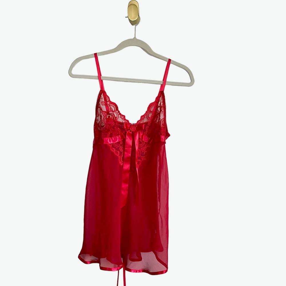 Red Sheer and Lace Babydoll Slip Dress Lingerie Size Medium